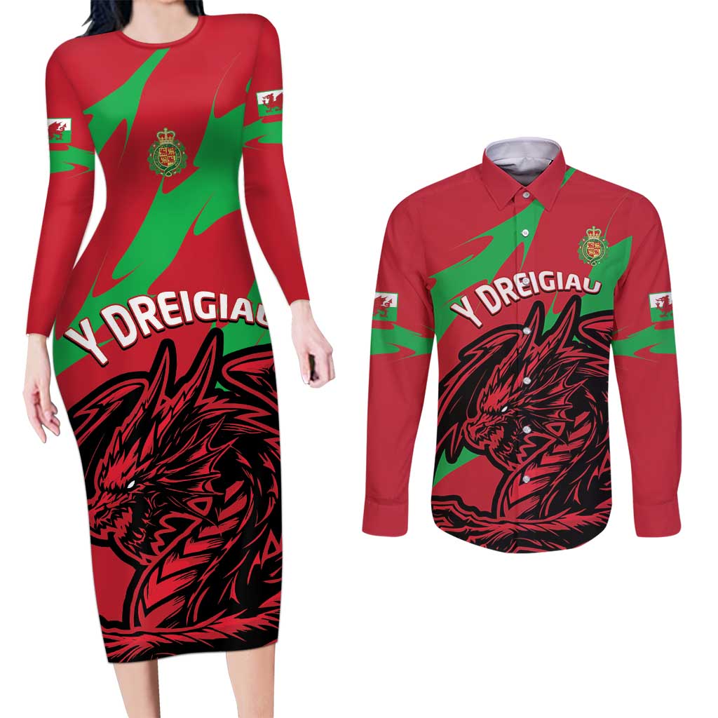 Custom Wales Football Couples Matching Long Sleeve Bodycon Dress and Long Sleeve Button Shirt 2025 Welsh Y Dreigiau