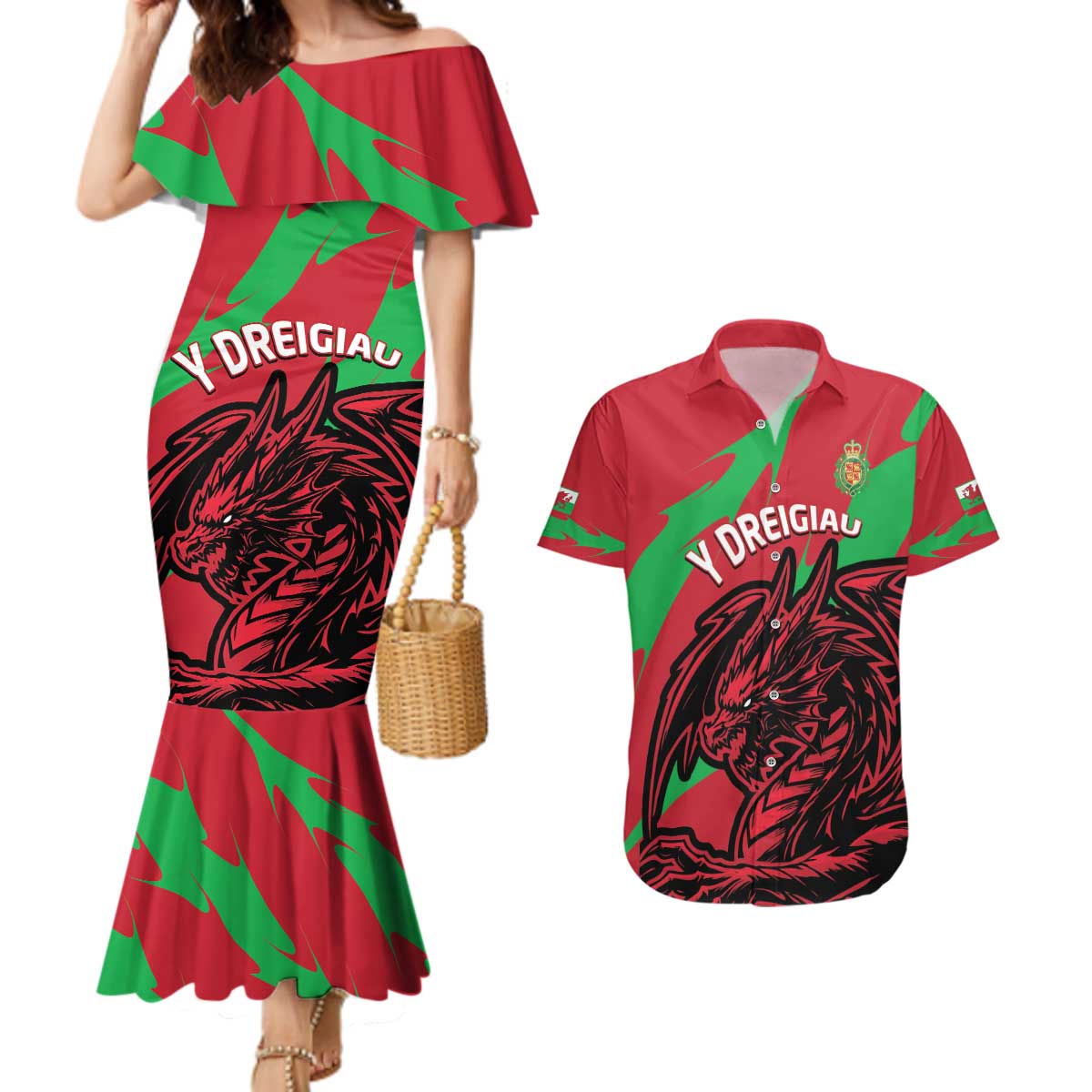 Custom Wales Football Couples Matching Mermaid Dress and Hawaiian Shirt 2025 Welsh Y Dreigiau