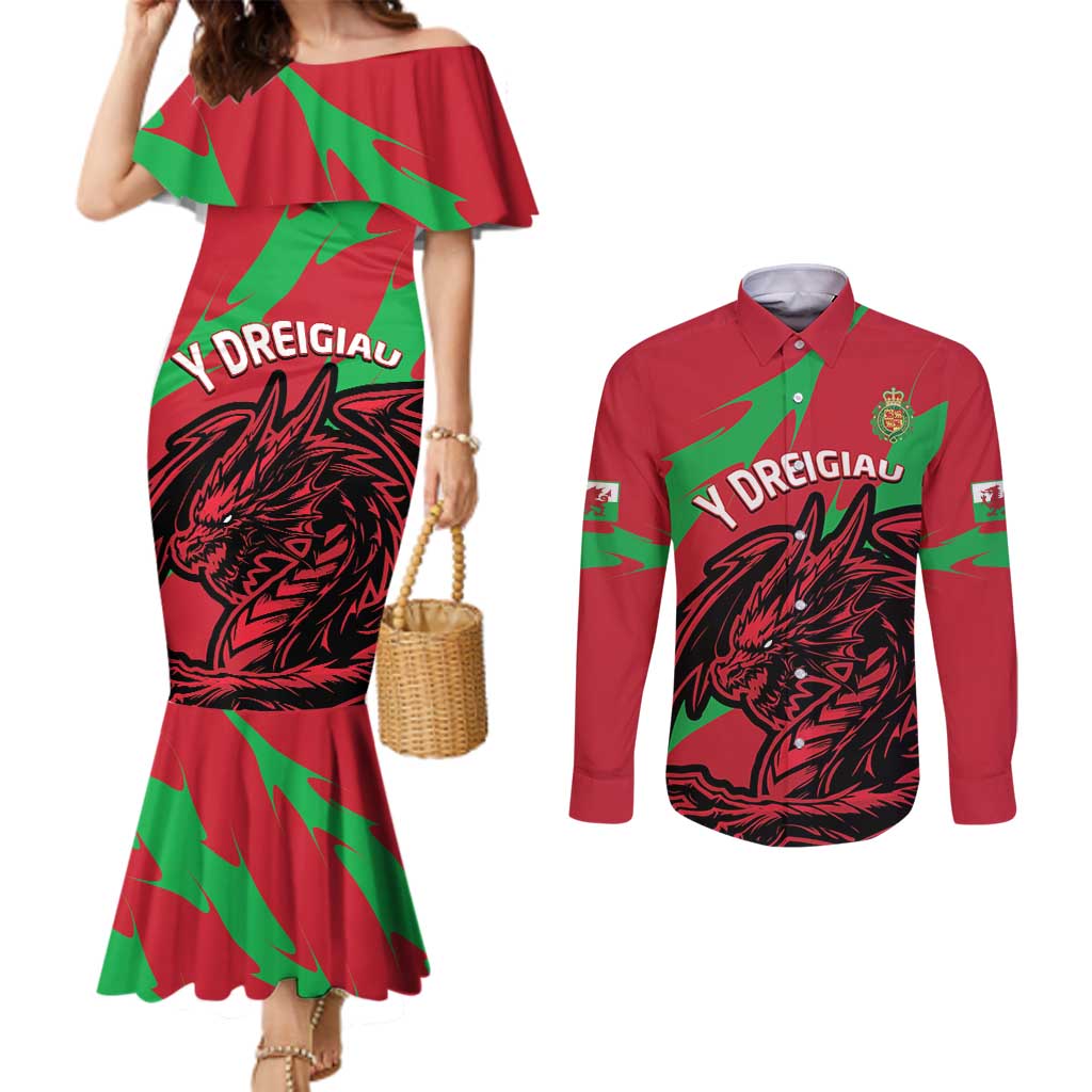 Custom Wales Football Couples Matching Mermaid Dress and Long Sleeve Button Shirt 2025 Welsh Y Dreigiau