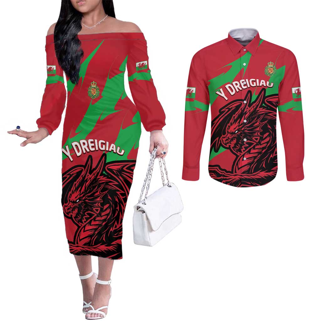 Custom Wales Football Couples Matching Off The Shoulder Long Sleeve Dress and Long Sleeve Button Shirt 2025 Welsh Y Dreigiau