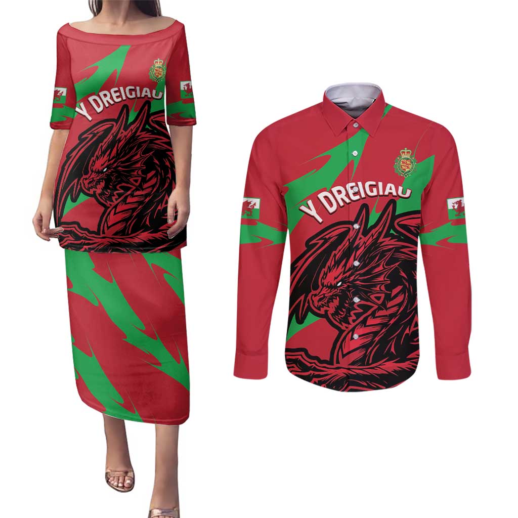 Custom Wales Football Couples Matching Puletasi and Long Sleeve Button Shirt 2025 Welsh Y Dreigiau