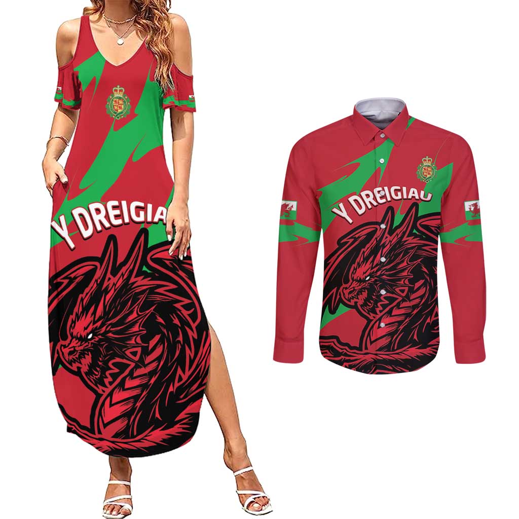 Custom Wales Football Couples Matching Summer Maxi Dress and Long Sleeve Button Shirt 2025 Welsh Y Dreigiau