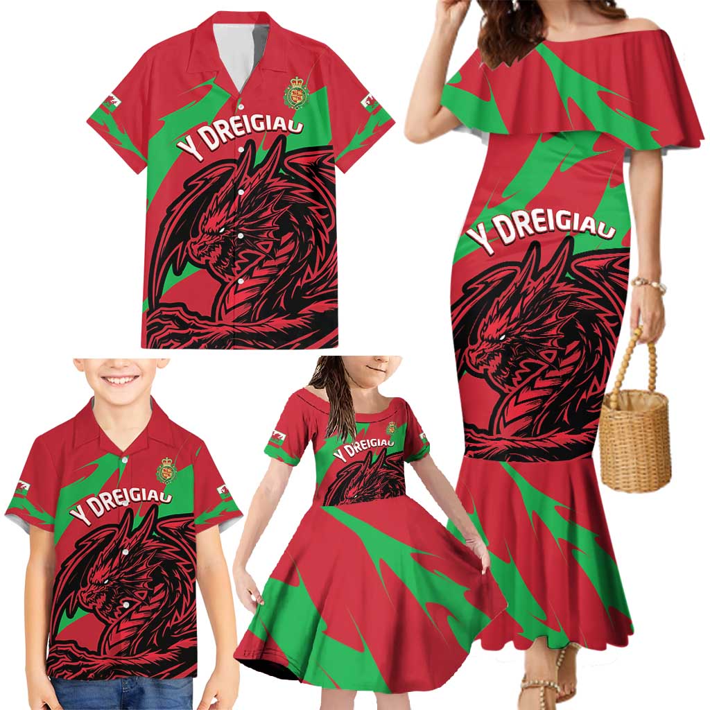 Custom Wales Football Family Matching Mermaid Dress and Hawaiian Shirt 2025 Welsh Y Dreigiau