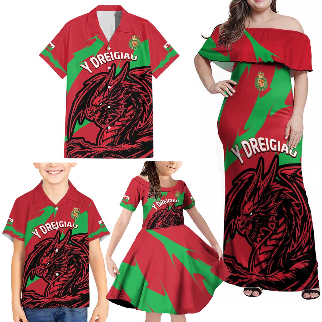 Custom Wales Football Family Matching Off Shoulder Maxi Dress and Hawaiian Shirt 2025 Welsh Y Dreigiau