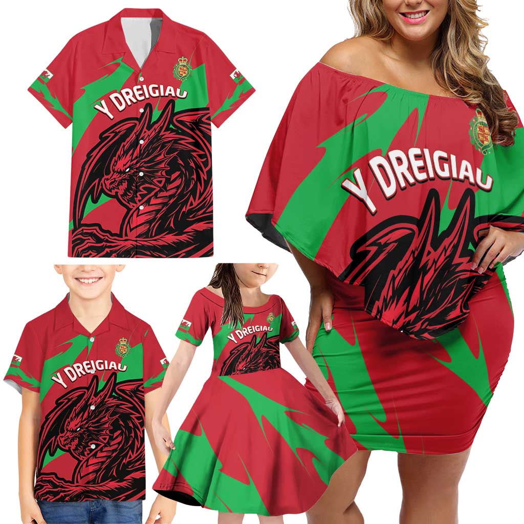 Custom Wales Football Family Matching Off Shoulder Short Dress and Hawaiian Shirt 2025 Welsh Y Dreigiau