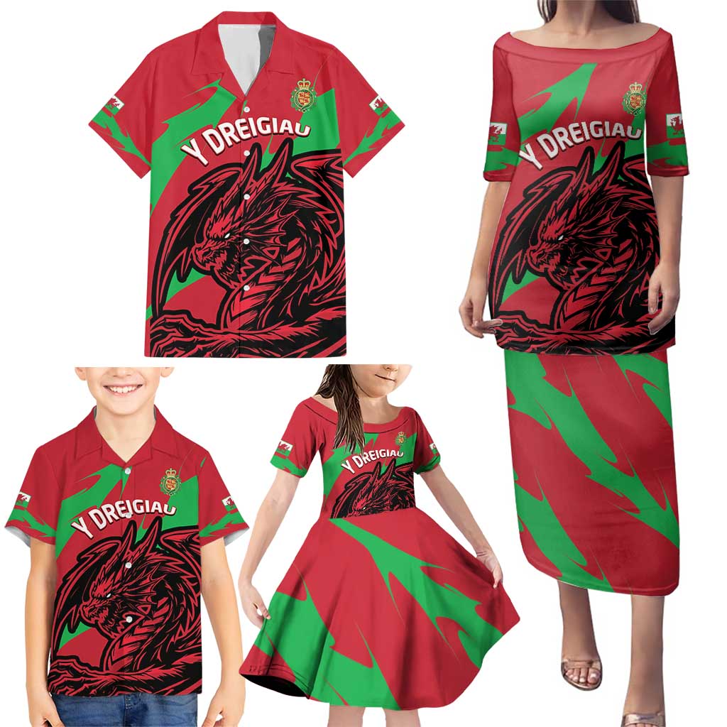 Custom Wales Football Family Matching Puletasi and Hawaiian Shirt 2025 Welsh Y Dreigiau