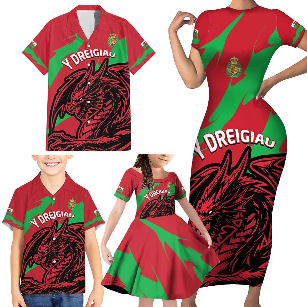 Custom Wales Football Family Matching Short Sleeve Bodycon Dress and Hawaiian Shirt 2025 Welsh Y Dreigiau