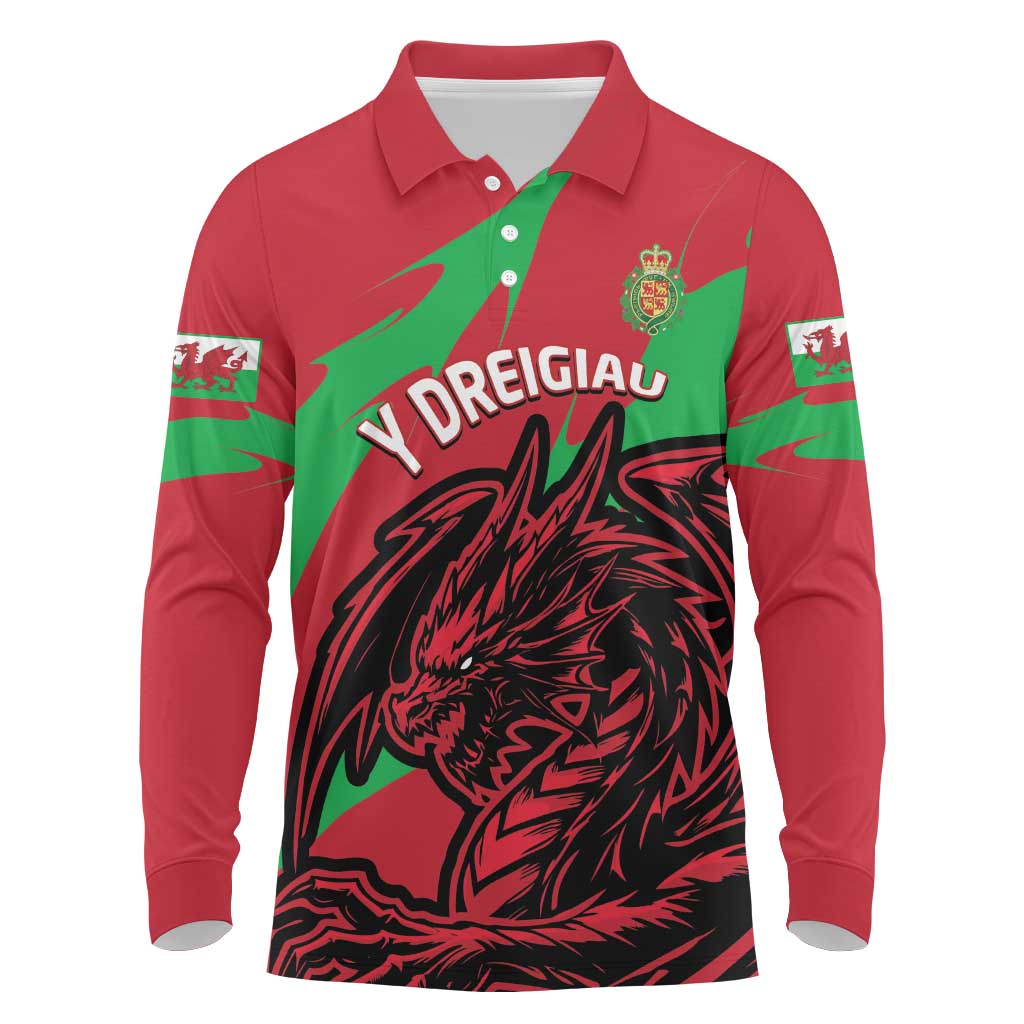 Custom Wales Football Long Sleeve Polo Shirt 2025 Welsh Y Dreigiau