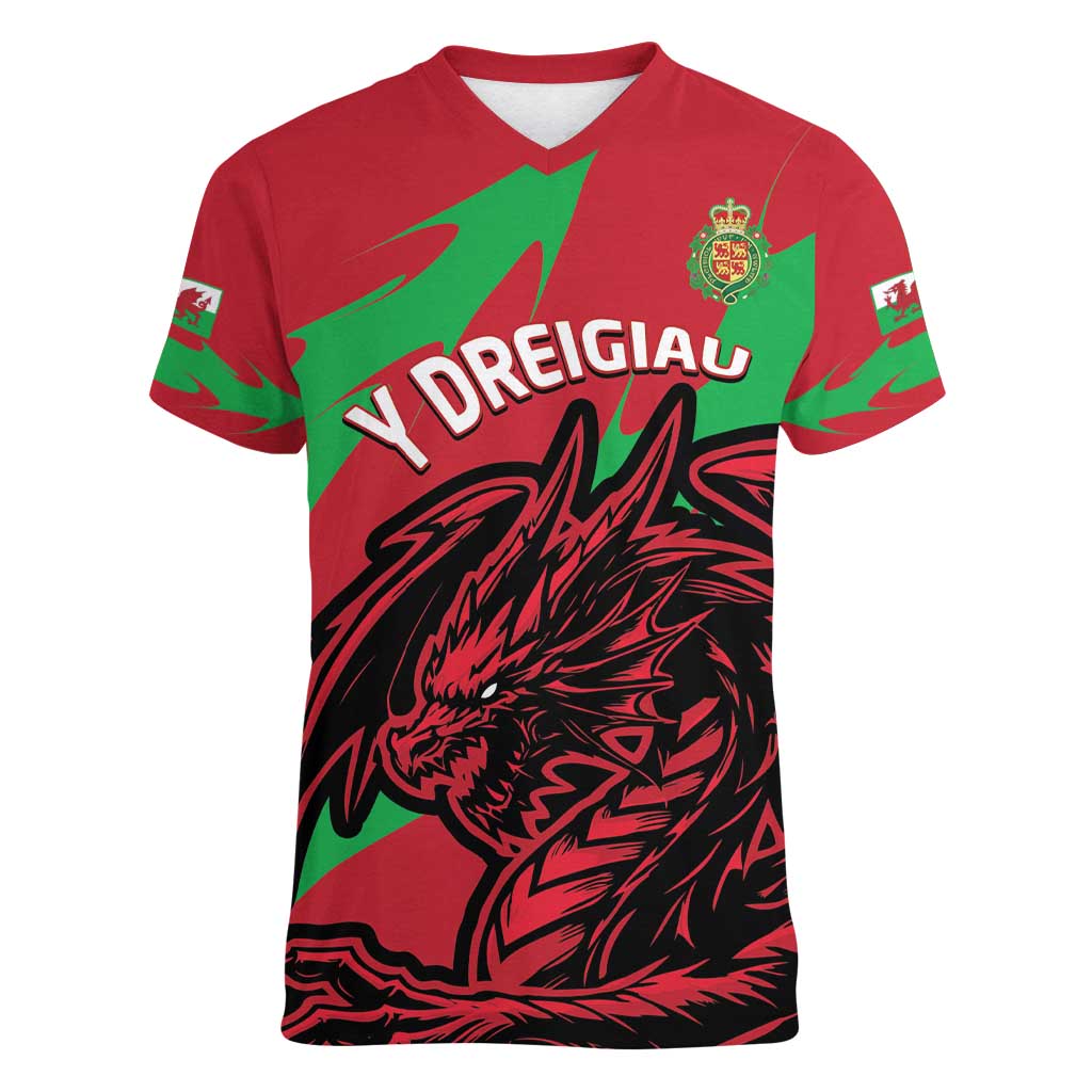 Custom Wales Football Women V-Neck T-Shirt 2025 Welsh Y Dreigiau