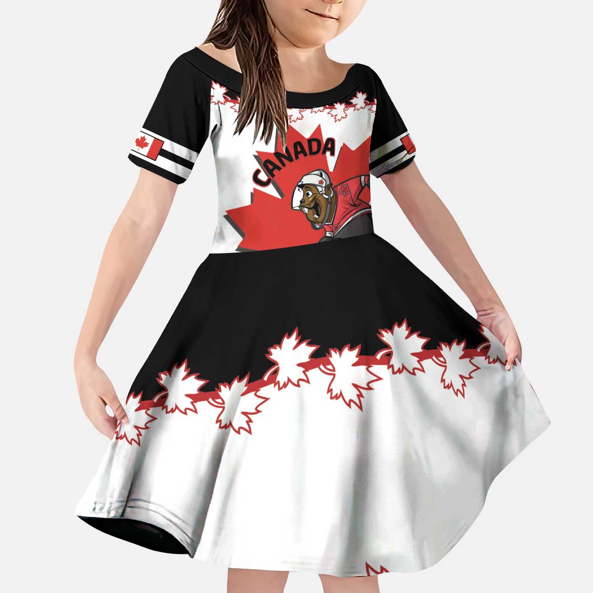 Custom Canada Ice Hockey Kid Short Sleeve Dress 2025 Go Champions Funny Beaver Mascot