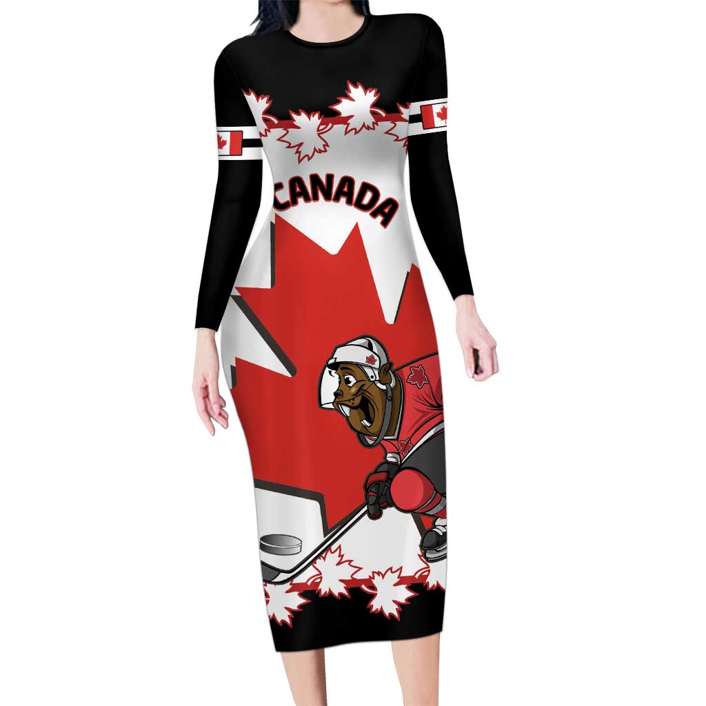 Custom Canada Ice Hockey Long Sleeve Bodycon Dress 2025 Go Champions Funny Beaver Mascot