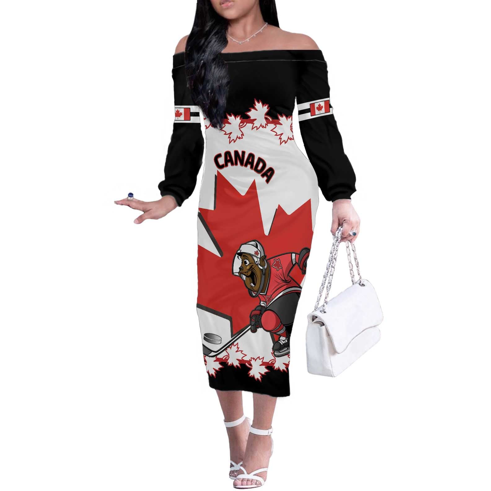 Custom Canada Ice Hockey Off The Shoulder Long Sleeve Dress 2025 Go Champions Funny Beaver Mascot