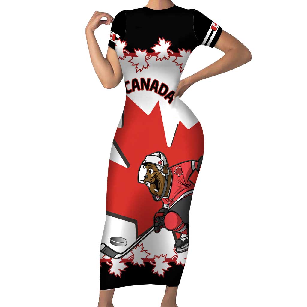 Custom Canada Ice Hockey Short Sleeve Bodycon Dress 2025 Go Champions Funny Beaver Mascot