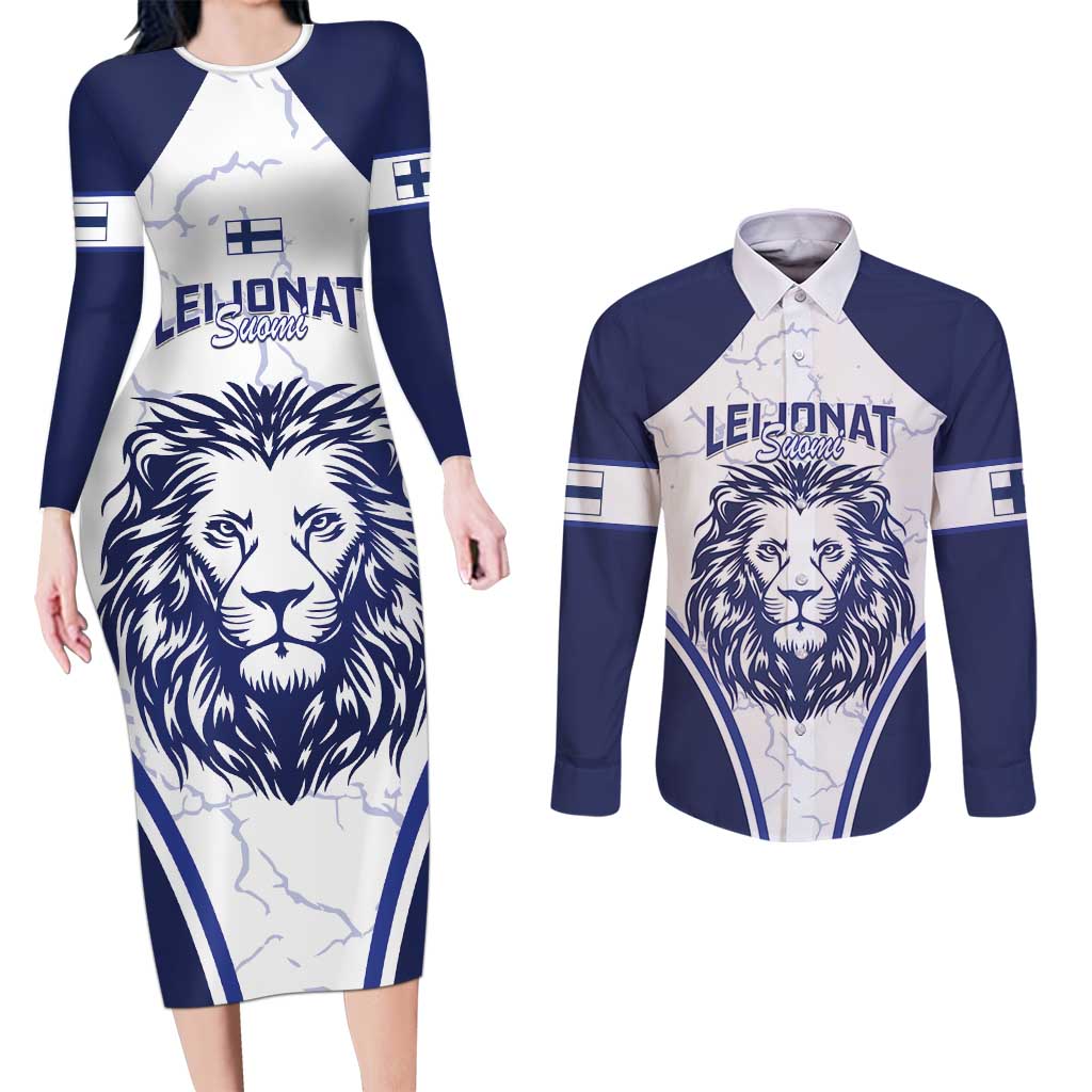 Custom Finland Ice Hockey Couples Matching Long Sleeve Bodycon Dress and Long Sleeve Button Shirt 2025 Go Champions Suomi Leijonat