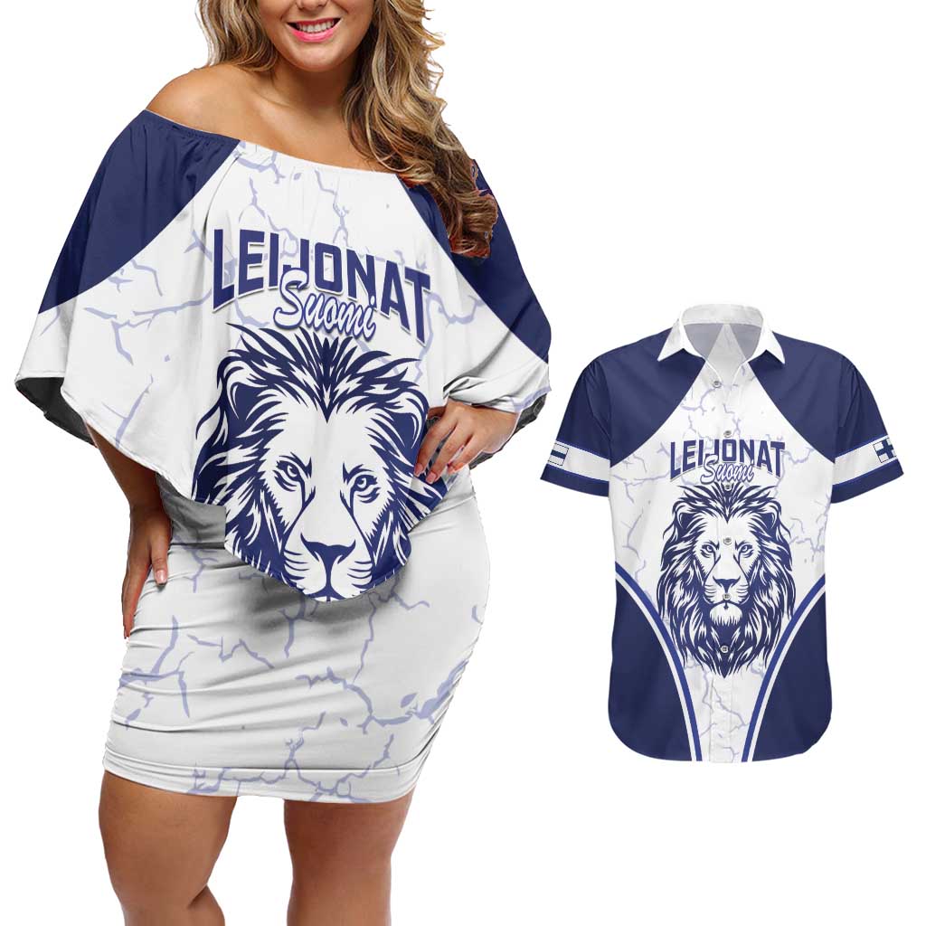 Custom Finland Ice Hockey Couples Matching Off Shoulder Short Dress and Hawaiian Shirt 2025 Go Champions Suomi Leijonat