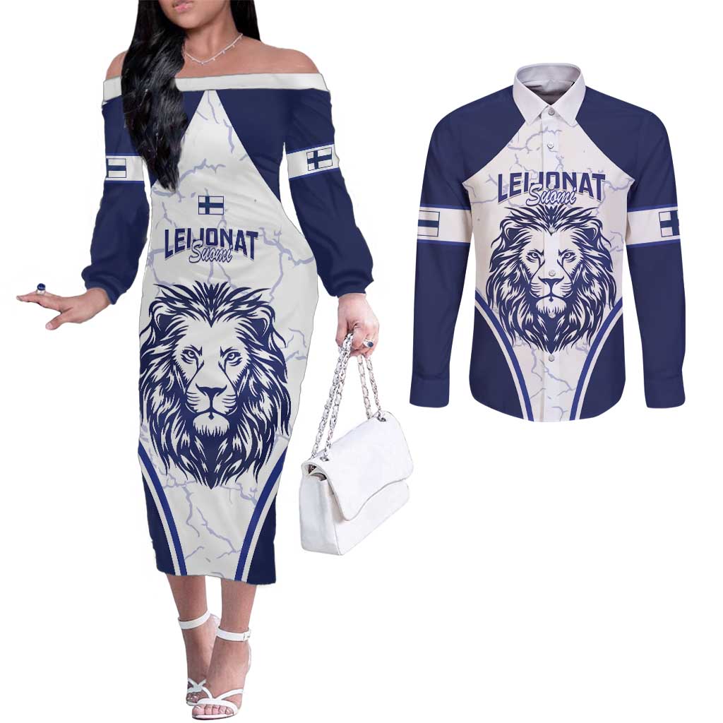 Custom Finland Ice Hockey Couples Matching Off The Shoulder Long Sleeve Dress and Long Sleeve Button Shirt 2025 Go Champions Suomi Leijonat