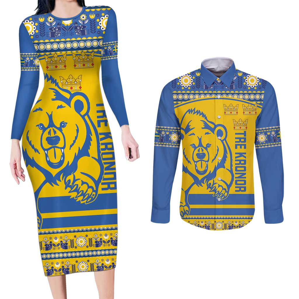 Custom Sweden Ice Hockey Couples Matching Long Sleeve Bodycon Dress and Long Sleeve Button Shirt 2025 Go Champions Tre Kronor