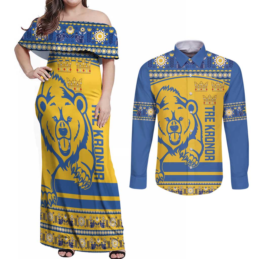 Custom Sweden Ice Hockey Couples Matching Off Shoulder Maxi Dress and Long Sleeve Button Shirt 2025 Go Champions Tre Kronor