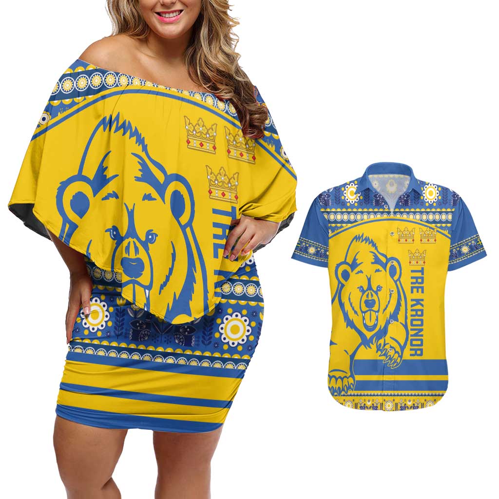 Custom Sweden Ice Hockey Couples Matching Off Shoulder Short Dress and Hawaiian Shirt 2025 Go Champions Tre Kronor