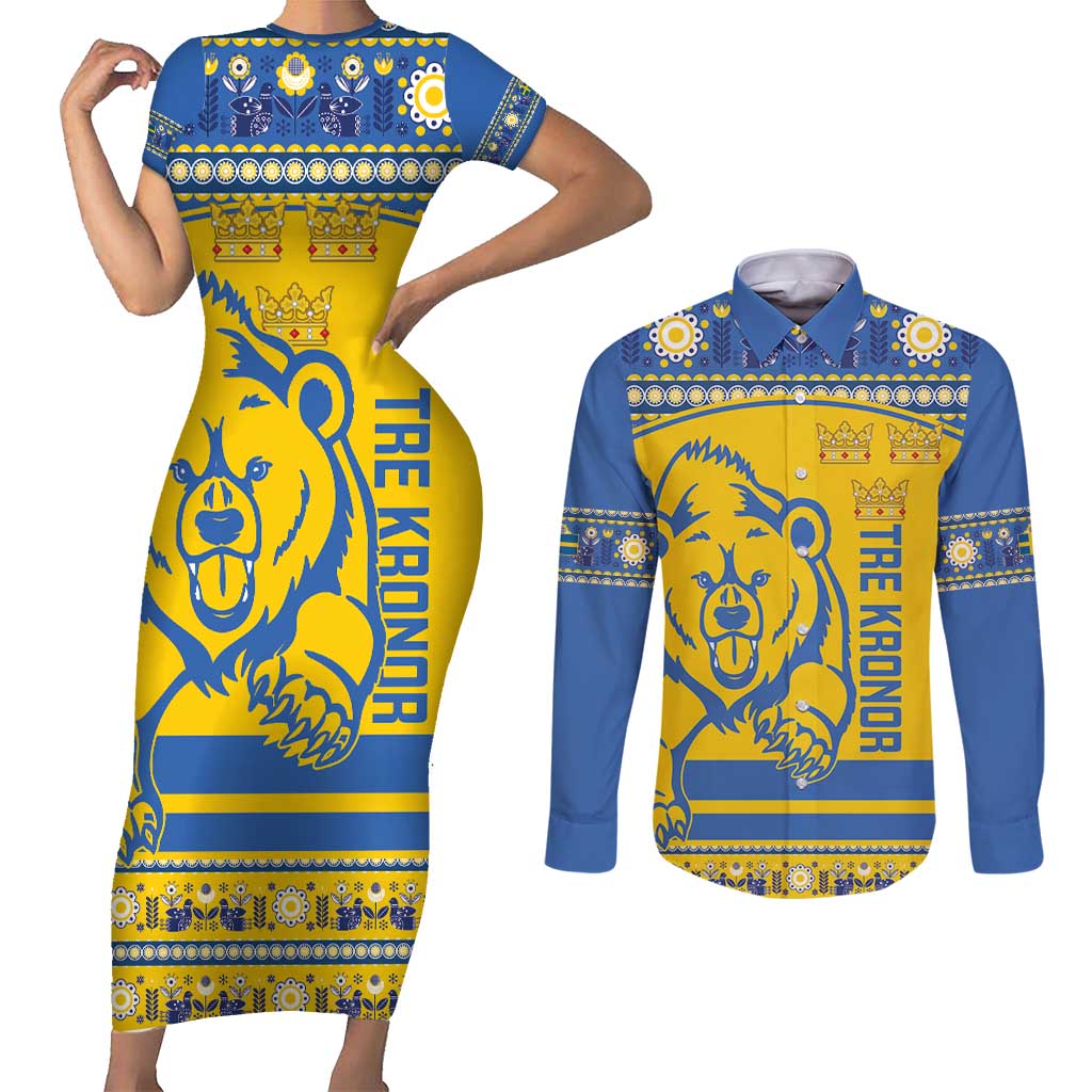 Custom Sweden Ice Hockey Couples Matching Short Sleeve Bodycon Dress and Long Sleeve Button Shirt 2025 Go Champions Tre Kronor