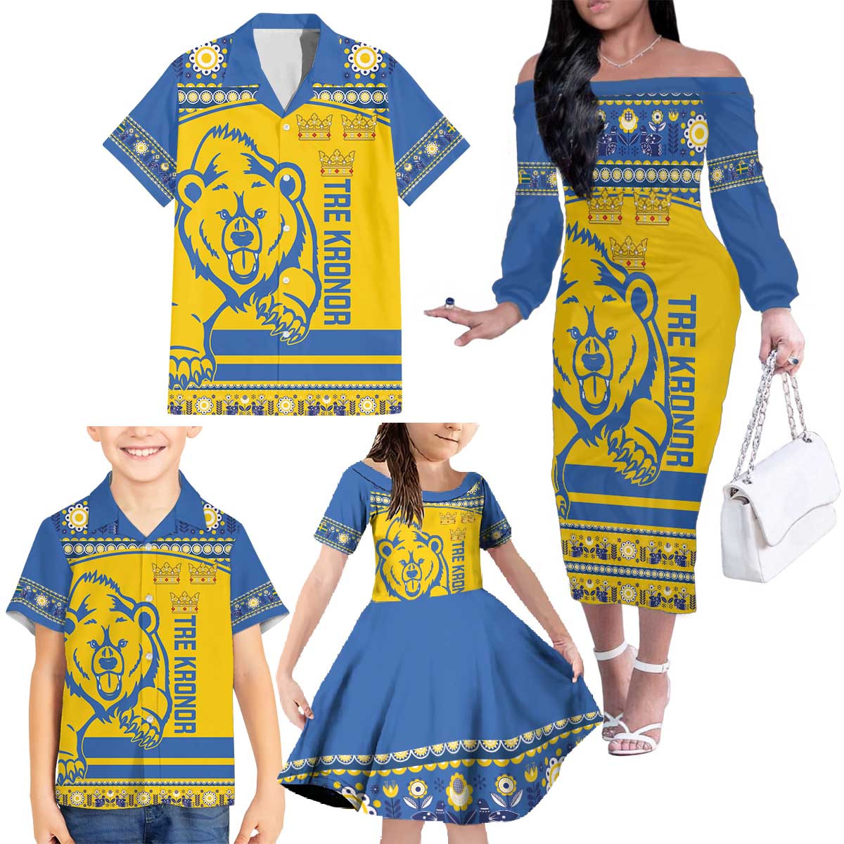 Custom Sweden Ice Hockey Family Matching Off The Shoulder Long Sleeve Dress and Hawaiian Shirt 2025 Go Champions Tre Kronor