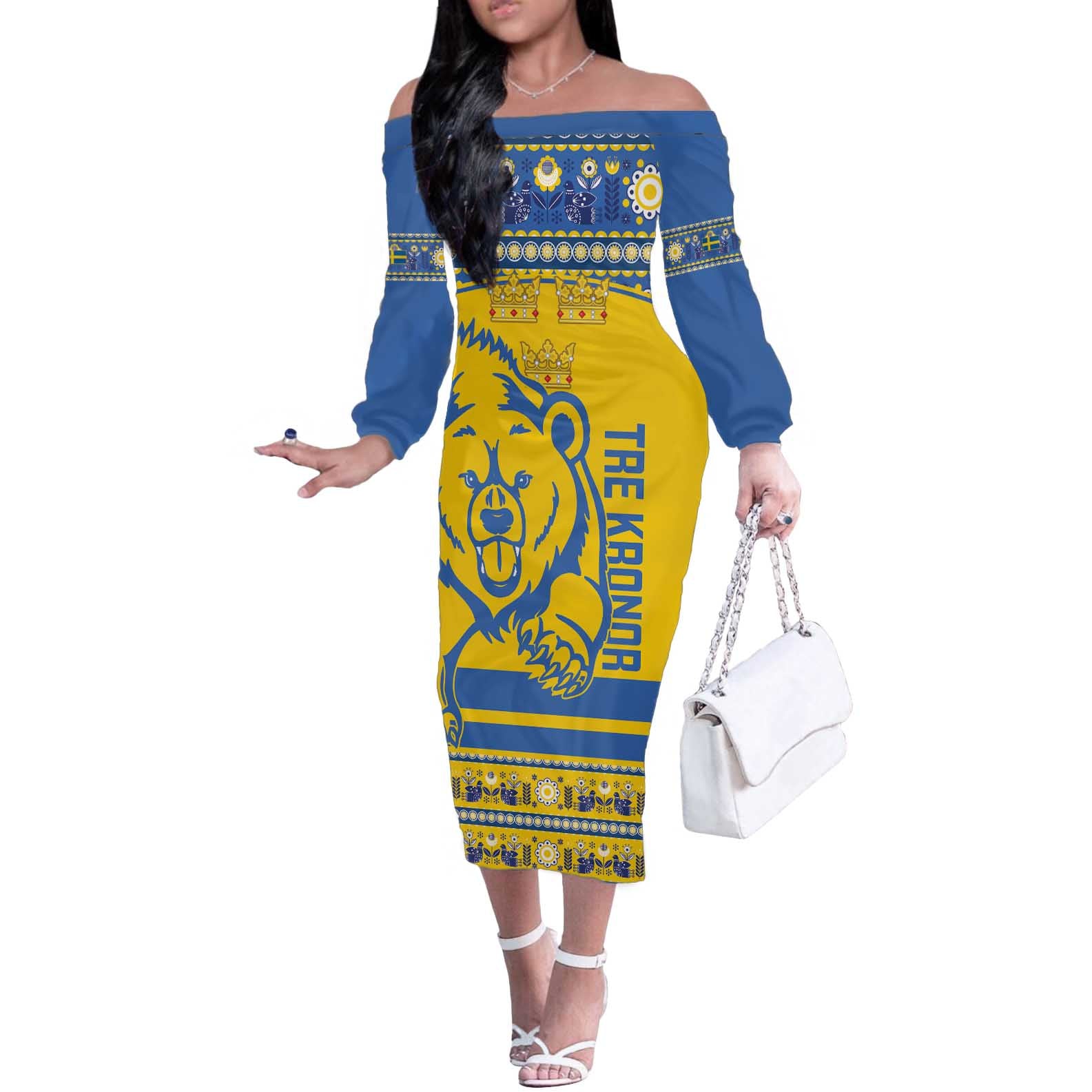 Custom Sweden Ice Hockey Off The Shoulder Long Sleeve Dress 2025 Go Champions Tre Kronor