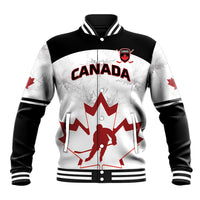 White/black varsity baseball jacket with Canada emblem, snap front, striped collar