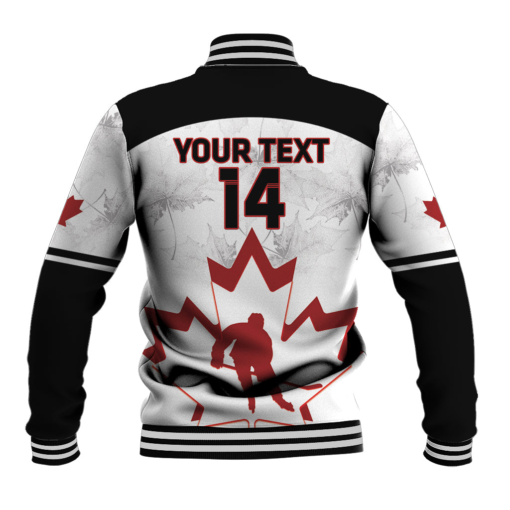 Back view of white/black varsity baseball jacket with YOUR TEXT 14 and maple leaf