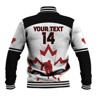 Back view of white/black varsity baseball jacket with YOUR TEXT 14 and maple leaf