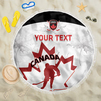 Round beach blanket: white with black fringe edge, Canada hockey graphic and your text