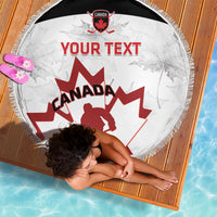 Round beach blanket, white with black fringe, Canada hockey graphic centered