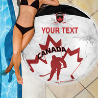 Round beach blanket, white with black fringe, Canada hockey crest and your text