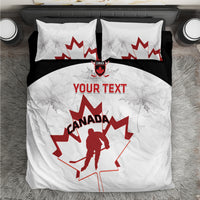 Canada hockey bedding set with white duvet, black back band, red maple leaf goalie print