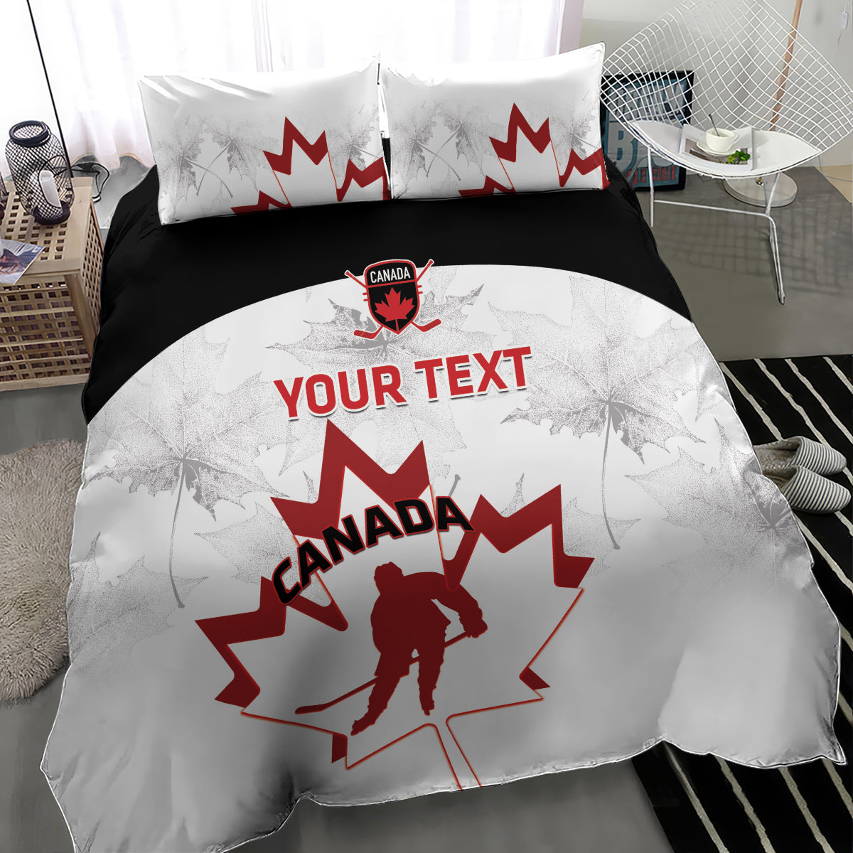 Canada hockey bedding set with white duvet, black top band, red Canada maple leaf goalie graphic