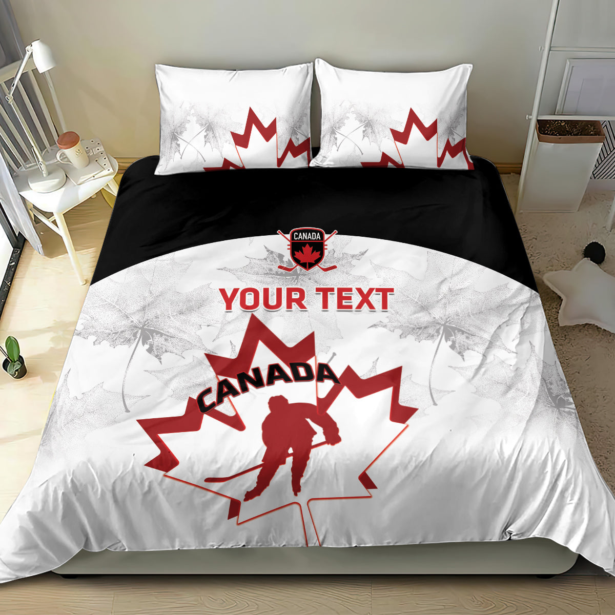 Canada hockey bedding set with white duvet, black back band, red Maple Leaf goalie design