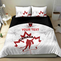 Canada hockey bedding set with white duvet, black back band, red Maple Leaf goalie design