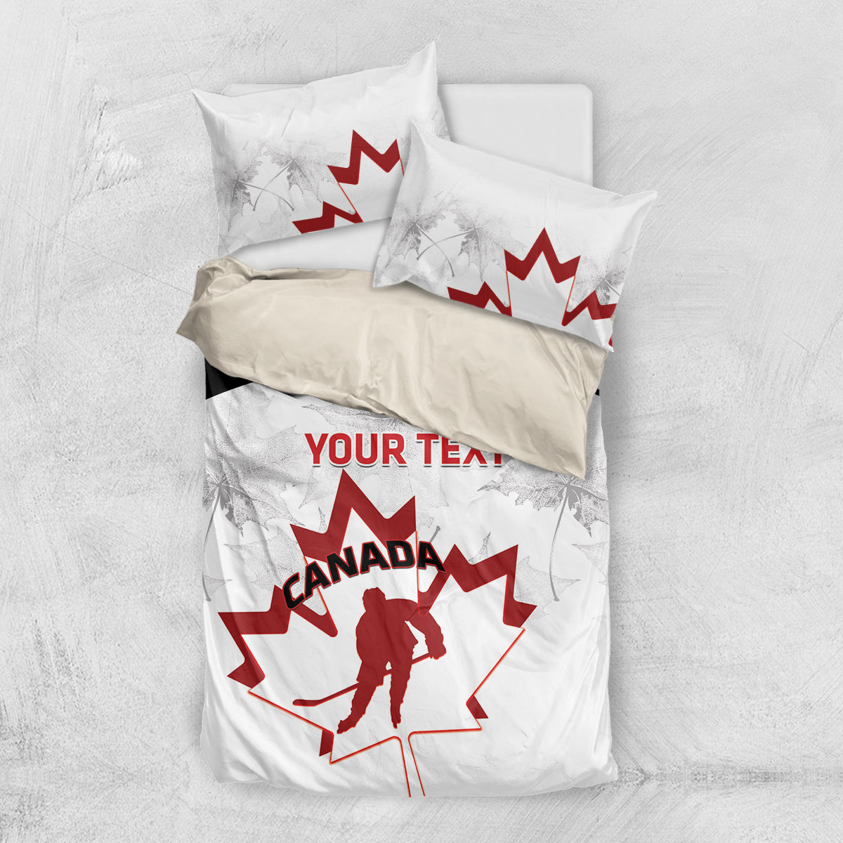 Canada hockey bedding set flat lay: white duvet and pillows with red Maple Leaf goalie graphic