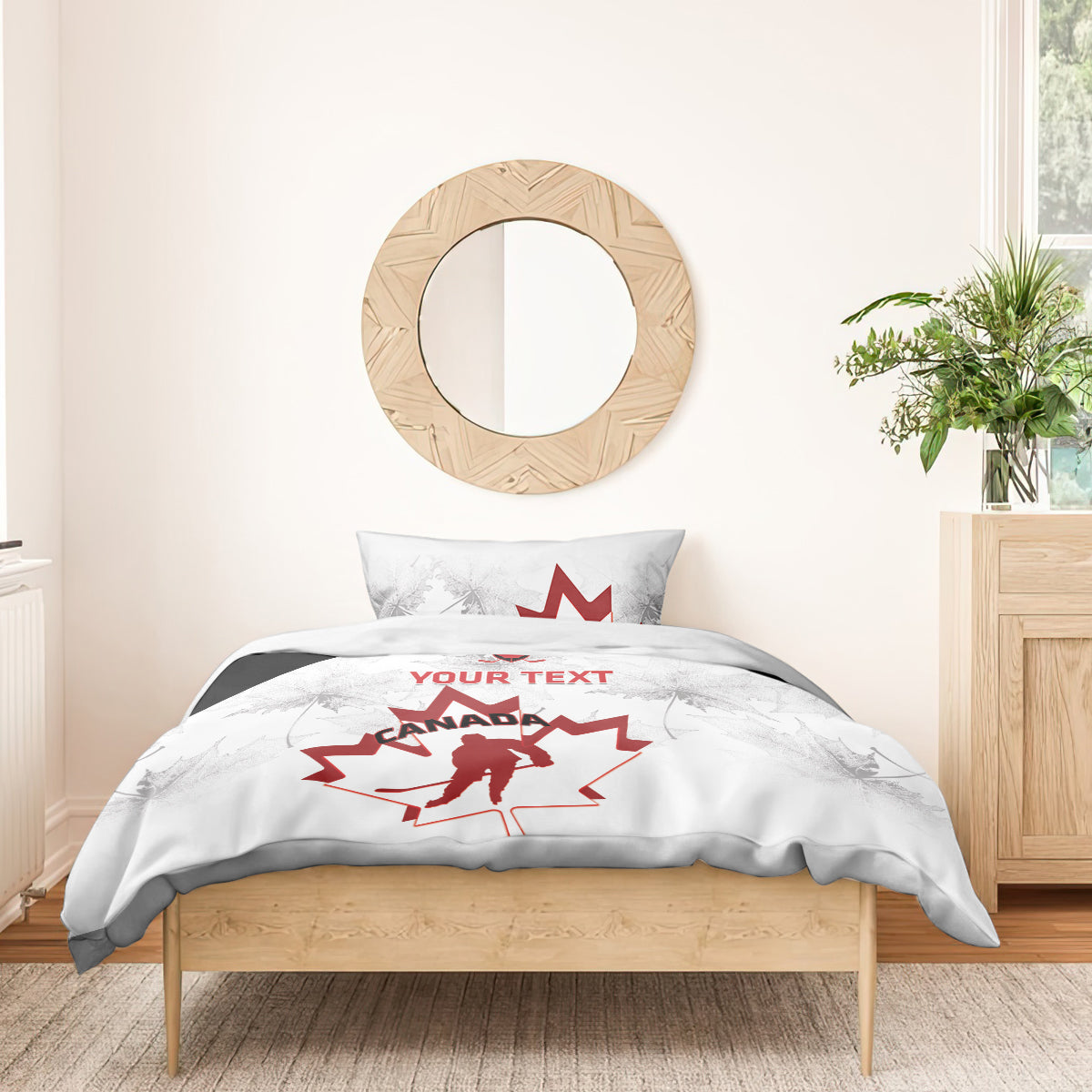 Canada hockey bedding set with white duvet and pillows, red maple leaf goalie print