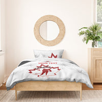 Canada hockey bedding set with white duvet and pillows, red maple leaf goalie print