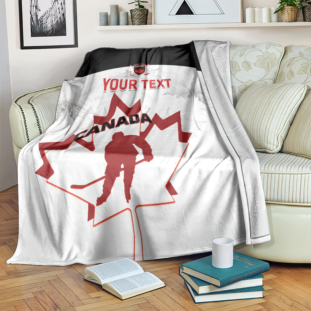 Custom Canada hockey blanket with red maple leaf and hockey player, white and black