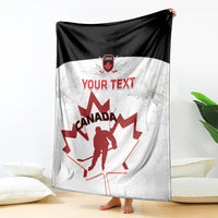 Custom Canada hockey blanket with red maple leaf and hockey player, black-trimmed white