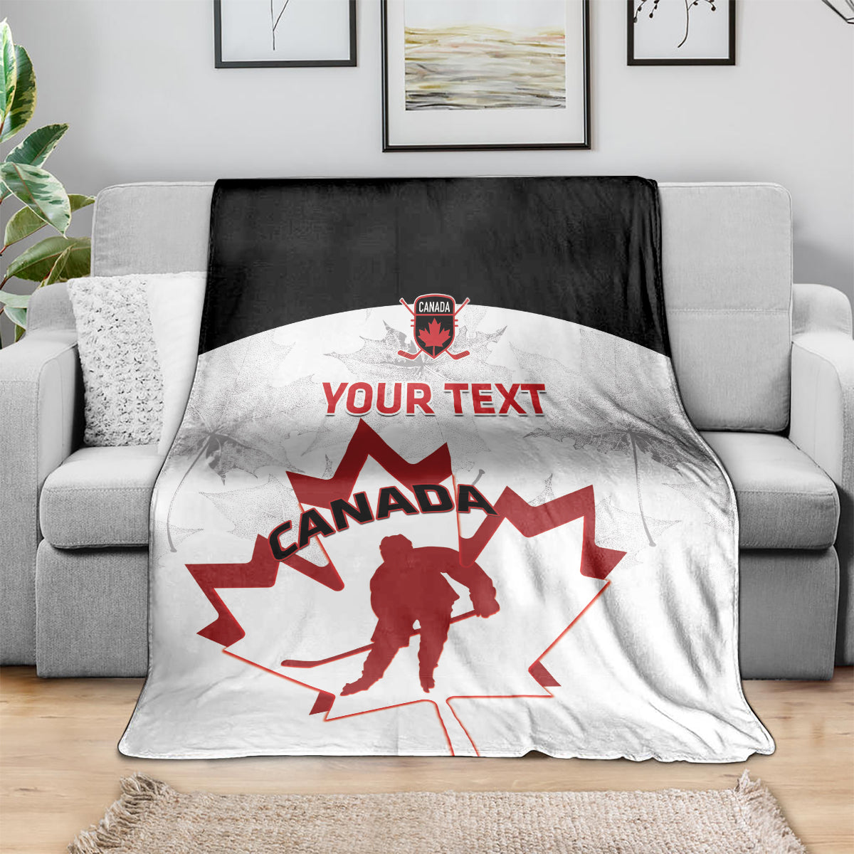 Custom Canada hockey blanket with red maple leaf and hockey player silhouette, white and black