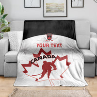 Custom Canada hockey blanket with red maple leaf and hockey player silhouette, white and black