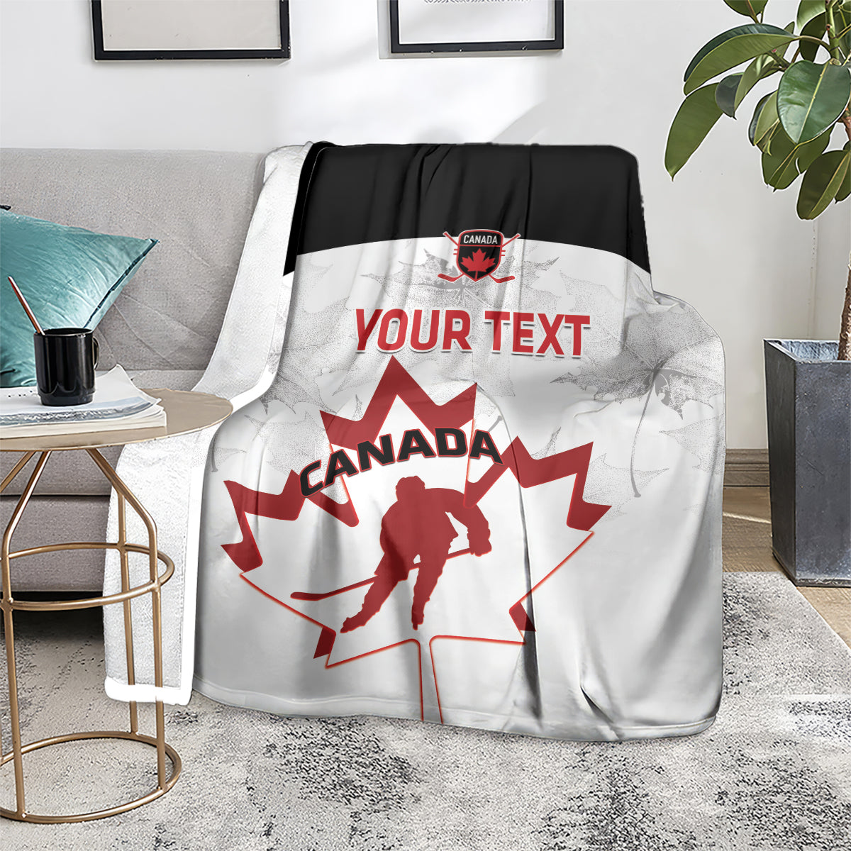 Custom Canada hockey blanket with red maple leaf and hockey player silhouette, white and black