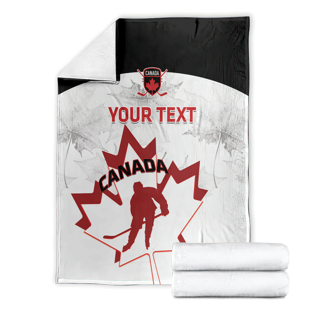 Custom Canada hockey blanket with red maple leaf and hockey player, white with black fold
