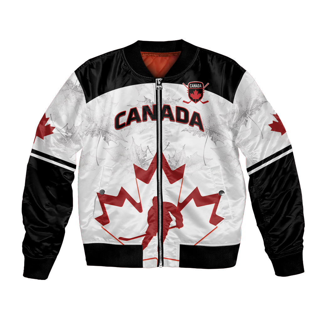 White and black bomber jacket with Canada crest, leaf and full-zip front