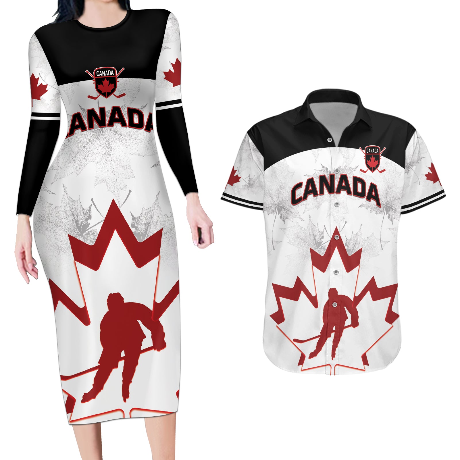 Custom Canada Hockey Couples Matching Long Sleeve Bodycon Dress and Hawaiian Shirt 2024 Go Maple Leaf - Wonder Print Shop