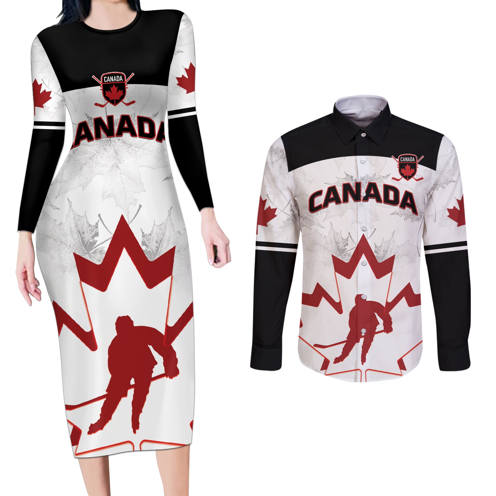 Custom Canada Hockey Couples Matching Long Sleeve Bodycon Dress and Long Sleeve Button Shirt 2024 Go Maple Leaf - Wonder Print Shop