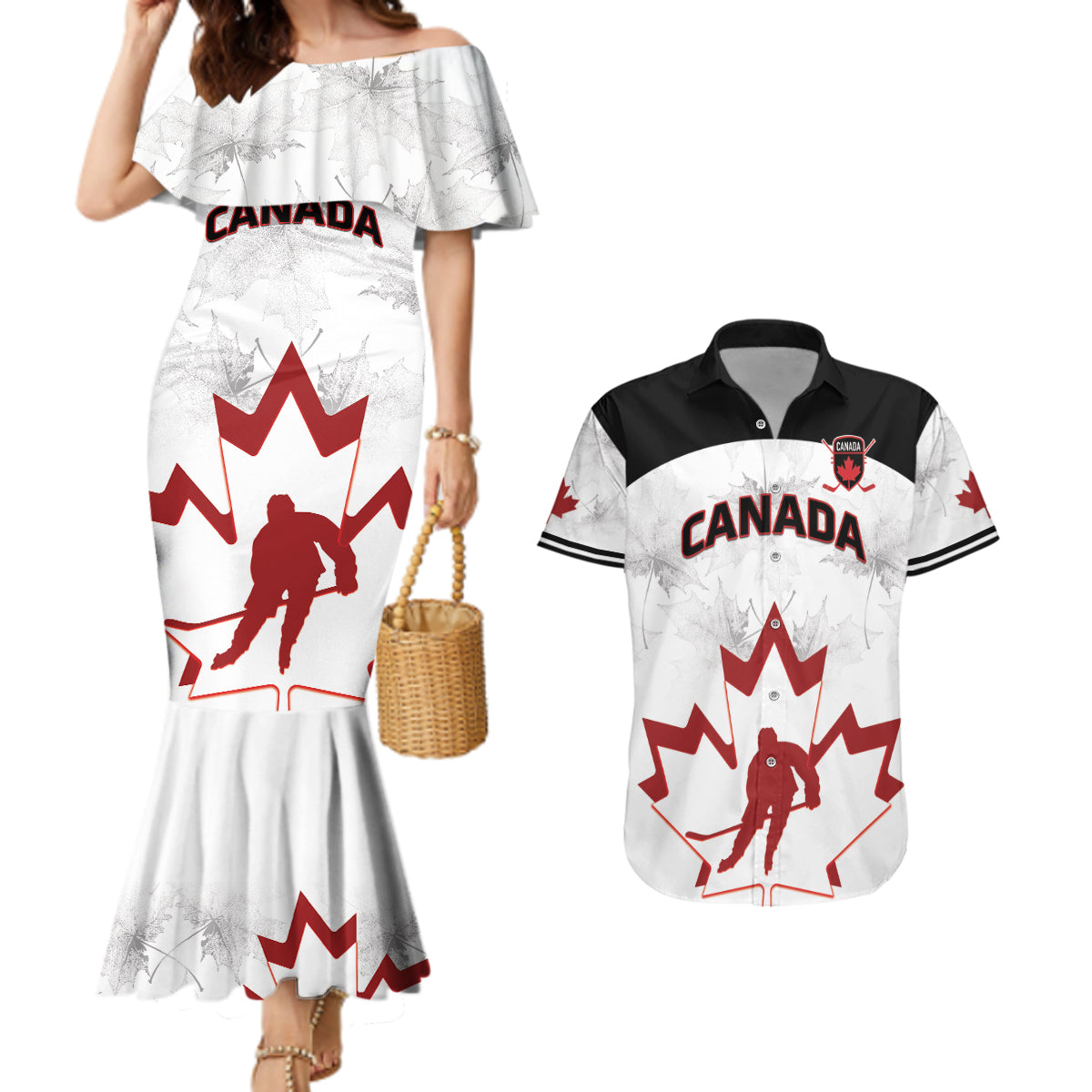 Custom Canada Hockey Couples Matching Mermaid Dress and Hawaiian Shirt 2024 Go Maple Leaf - Wonder Print Shop