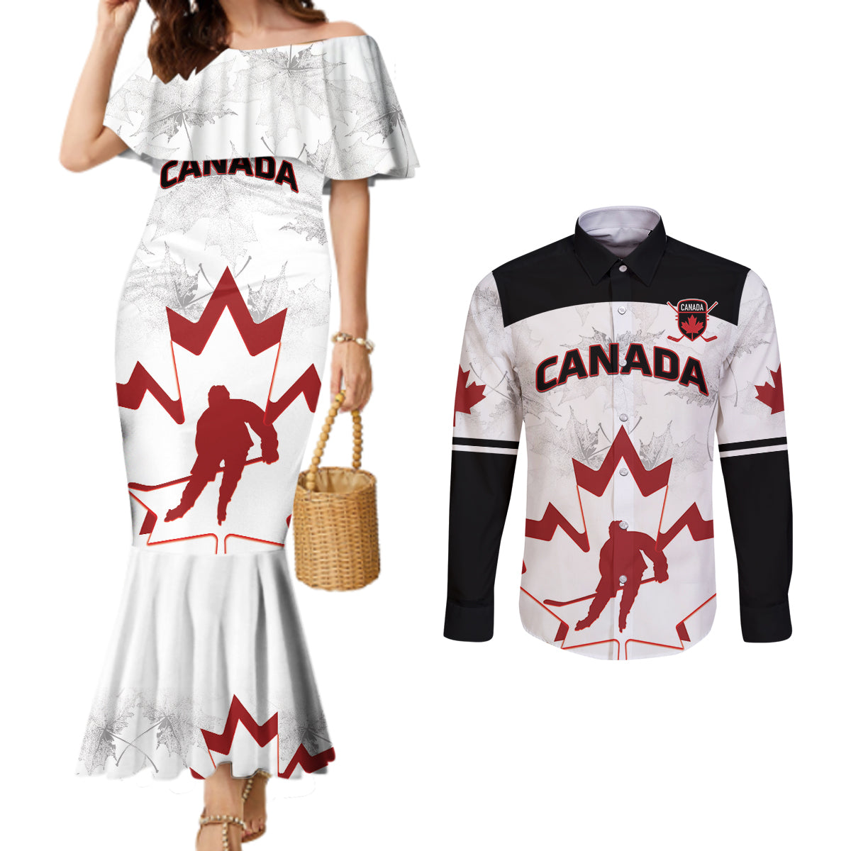 Custom Canada Hockey Couples Matching Mermaid Dress and Long Sleeve Button Shirt 2024 Go Maple Leaf